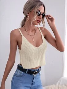 SHEIN Essnce 素色短款針織吊帶上衣 - 卡其色 - 查看 1