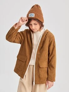 SHEIN 男孩翻蓋口袋毛絨內襯連帽外套