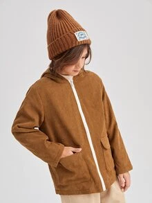 SHEIN 男孩翻蓋口袋毛絨內襯連帽外套