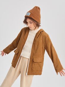 SHEIN 男孩翻蓋口袋毛絨內襯連帽外套