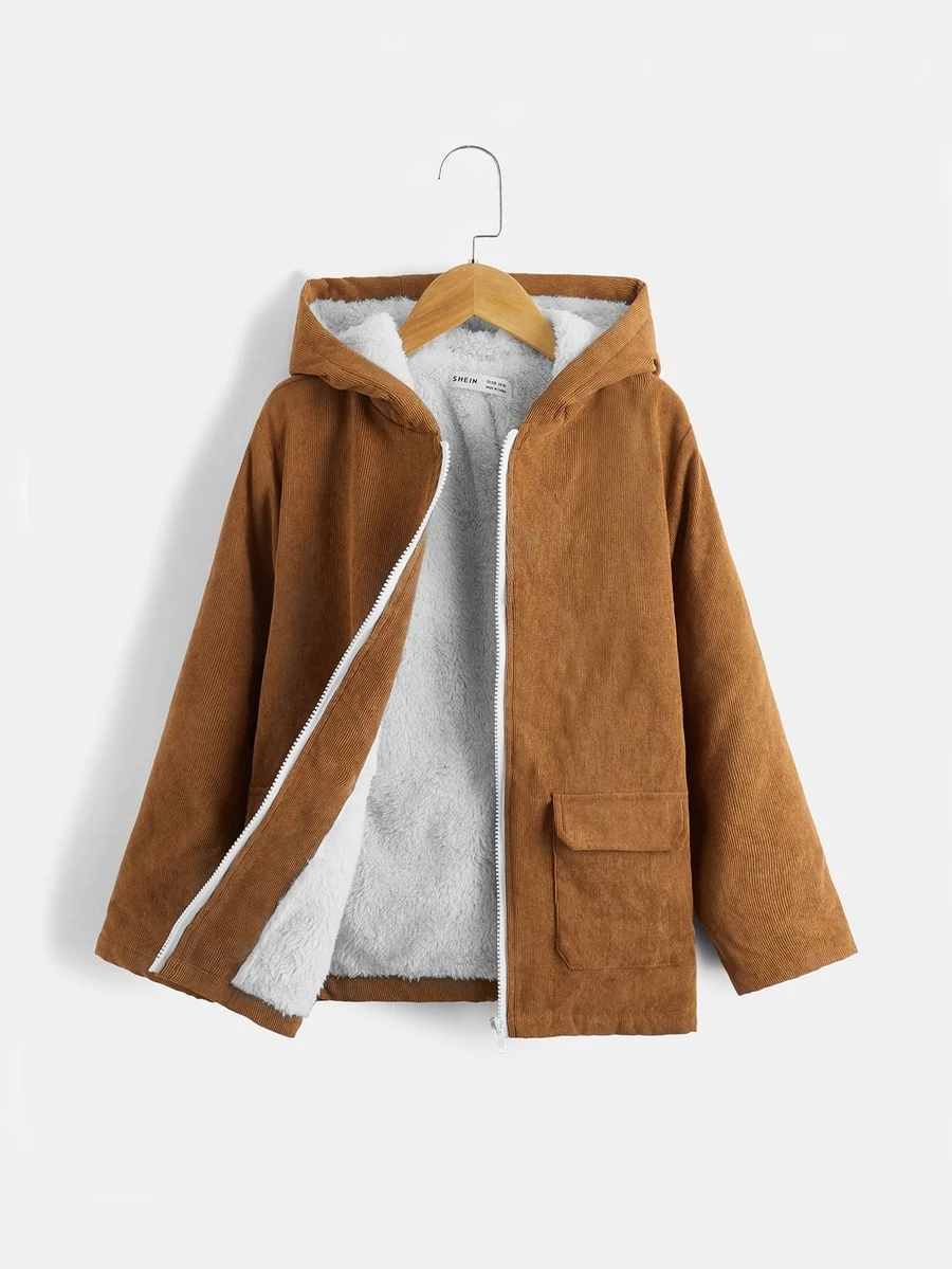 SHEIN 男孩翻蓋口袋毛絨內襯連帽外套