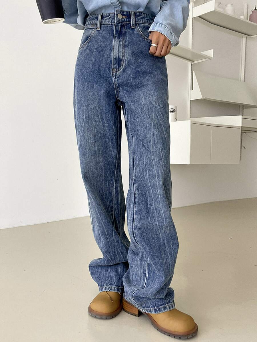 DAZY High Waist Straight Leg Jeans - Medium Wash - View 1