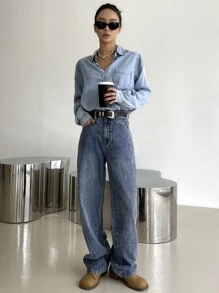 DAZY High Waist Straight Leg Jeans - Medium Wash - View 2