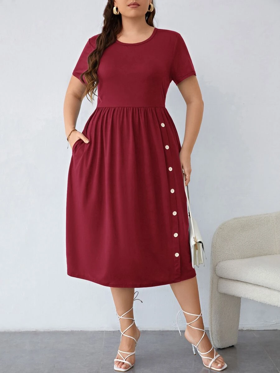 SHEIN LUNE Plus Hidden Pocket Bow Side A-line Dress - Burgundy - View 1
