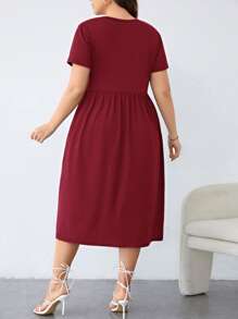SHEIN LUNE Plus Hidden Pocket Bow Side A-line Dress - Burgundy - View 2