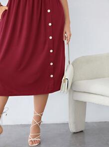 SHEIN LUNE Plus Hidden Pocket Bow Side A-line Dress - Burgundy - View 3