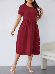 SHEIN LUNE Plus Hidden Pocket Bow Side A-line Dress - Burgundy - View 4