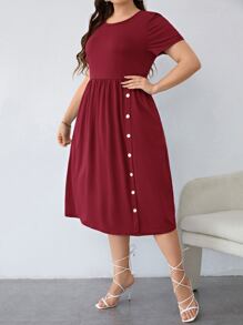 SHEIN LUNE Plus Hidden Pocket Bow Side A-line Dress - Burgundy - View 5