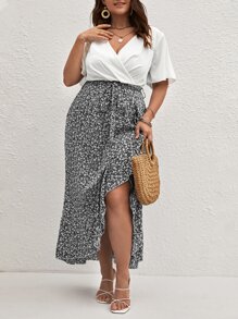 SHEIN Unity Plus Ditsy Floral Tie Front Wrap Dress - Black and White - View 1