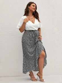 SHEIN Unity Plus Ditsy Floral Tie Front Wrap Dress - Black and White - View 3