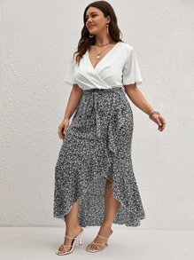 SHEIN Unity Plus Ditsy Floral Tie Front Wrap Dress - Black and White - View 4