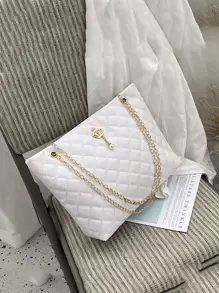 绗缝皇冠和人造珍珠装饰单肩手提包皮革手提包女士大号顶部提手包购物手提包（白色） - 白色 - 查看 1