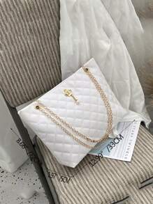 绗缝皇冠和人造珍珠装饰单肩手提包皮革手提包女士大号顶部提手包购物手提包（白色） - 白色 - 查看 4