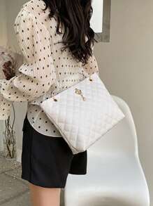 绗缝皇冠和人造珍珠装饰单肩手提包皮革手提包女士大号顶部提手包购物手提包（白色） - 白色 - 查看 2