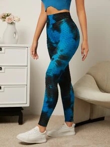 Muchica 紮染緊縮褶皺臀部蜂窩紋理緊身打底褲