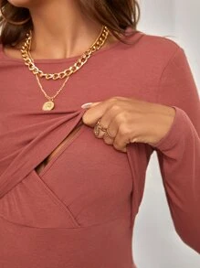 SHEIN Maternity Solid Nursing Bodycon Dress - Rust Brown - View 2