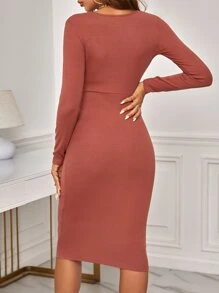 SHEIN Maternity Solid Nursing Bodycon Dress - Rust Brown - View 3