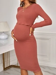 SHEIN Maternity Solid Nursing Bodycon Dress - Rust Brown - View 4