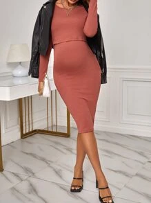 SHEIN Maternity Solid Nursing Bodycon Dress - Rust Brown - View 5
