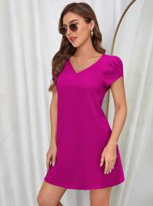 SHEIN Clasi V領花瓣袖直筒洋裝