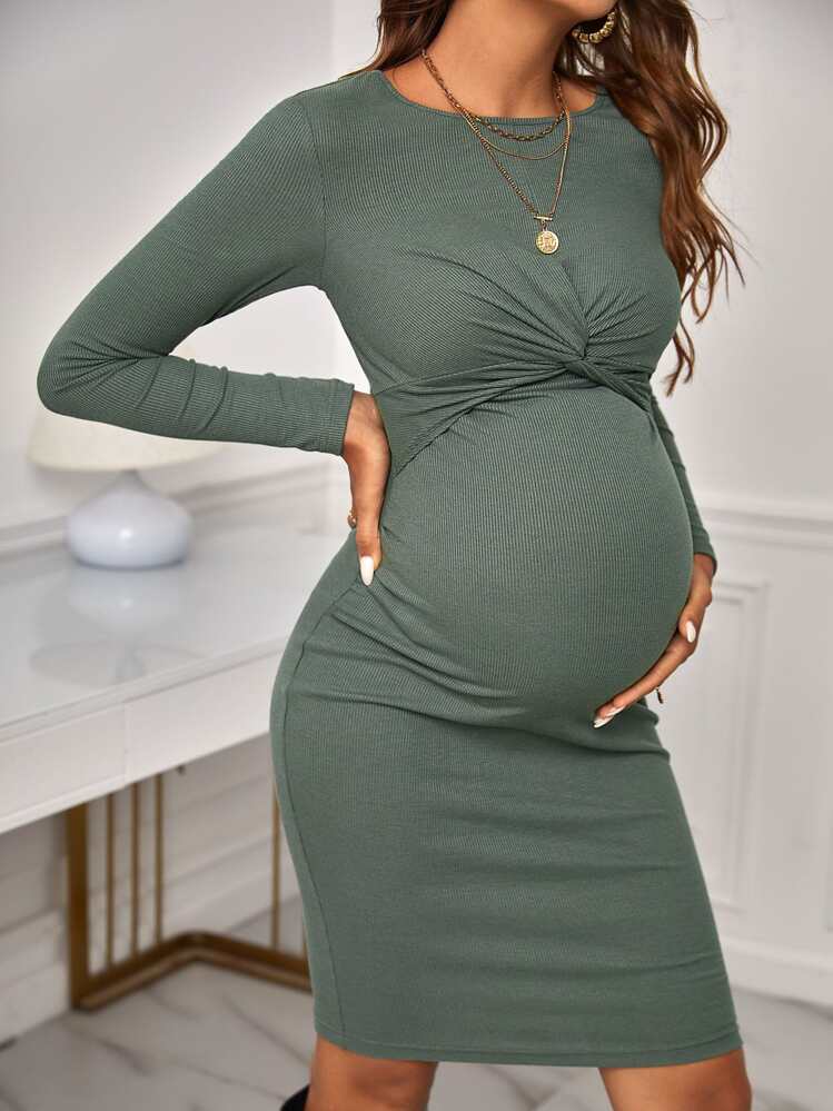 SHEIN Maternity Twist Front Rib-Knit Bodycon Dress With Long Sleeve - Dark Green - View 3