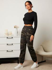 SHEIN Essnce Crop Top & Camo Print Carrot Trousers Set - Multicolor - View 1