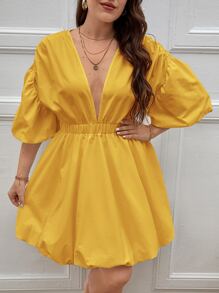SHEIN Privé Plus Deep V Neck Lantern Sleeve A-line Dress - Yellow - View 1