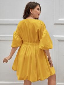 SHEIN Privé Plus Deep V Neck Lantern Sleeve A-line Dress - Yellow - View 2