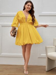 SHEIN Privé Plus Deep V Neck Lantern Sleeve A-line Dress - Yellow - View 3