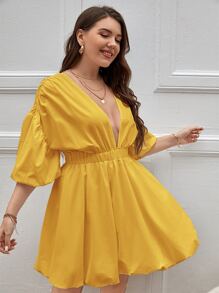 SHEIN Privé Plus Deep V Neck Lantern Sleeve A-line Dress - Yellow - View 4
