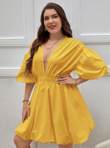 SHEIN Privé Plus Deep V Neck Lantern Sleeve A-line Dress - Yellow - View 5