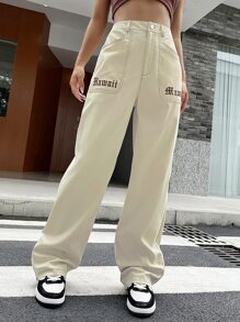 SHEIN Unity Letter Embroidery Slant Pocket Trousers - Apricot - View 1