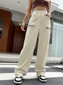 SHEIN Unity Letter Embroidery Slant Pocket Trousers - Apricot - View 3