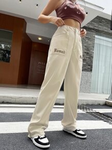 SHEIN Unity Letter Embroidery Slant Pocket Trousers - Apricot - View 5