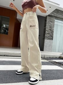 SHEIN Unity Letter Embroidery Slant Pocket Trousers - Apricot - View 6