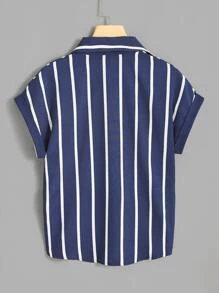 INAWLY Camisa de rayas de manga murciélago con diseño de solapa