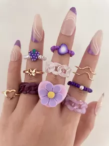 10 chiếc nhẫn trang trí trái tim & hoa - Màu tím - Xem 1