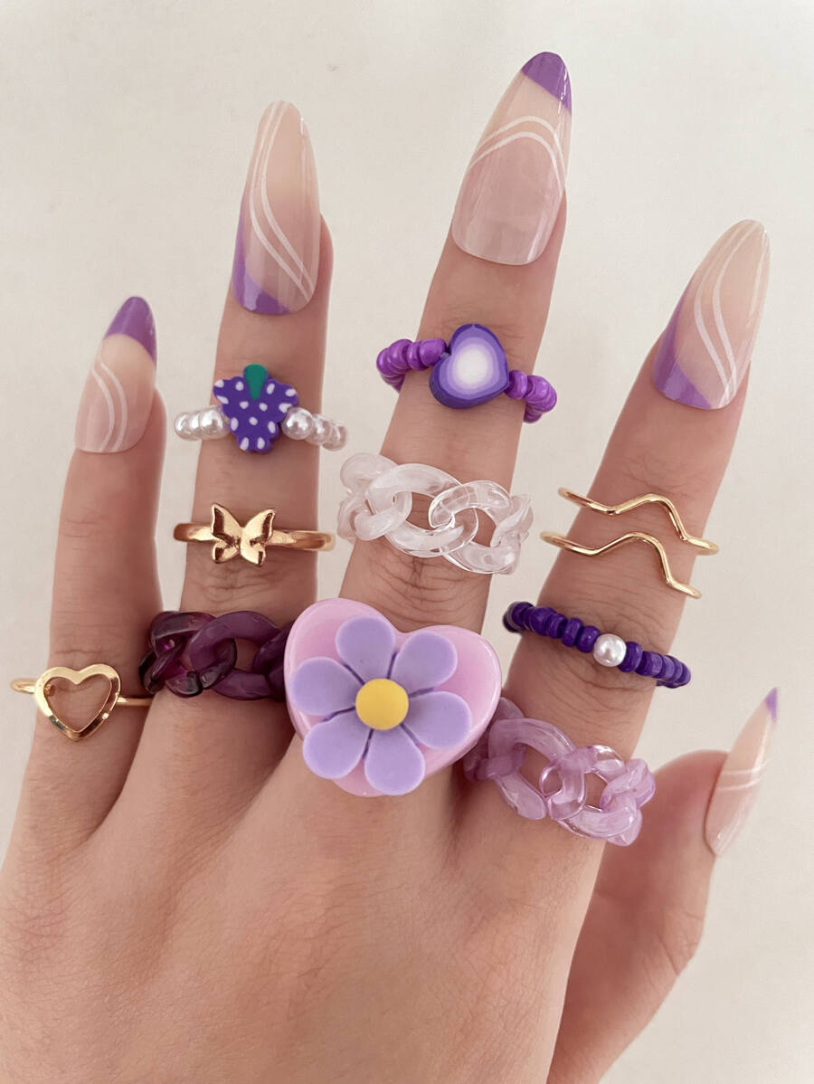 10 chiếc nhẫn trang trí trái tim & hoa - Màu tím - Xem 1
