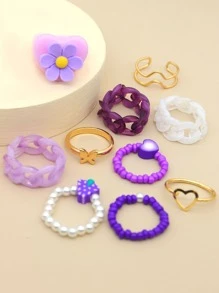 10 chiếc nhẫn trang trí trái tim & hoa - Màu tím - Xem 2