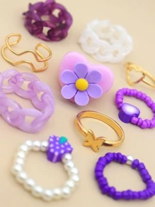 10 chiếc nhẫn trang trí trái tim & hoa - Màu tím - Xem 3