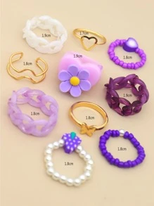 10 chiếc nhẫn trang trí trái tim & hoa - Màu tím - Xem 4