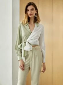 MOTF PREMIUM LINEN TWO TONE WRAP BLOUSE