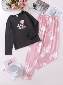 Girls Floral & Letter Graphic PJ Set - Multicolor - View 1