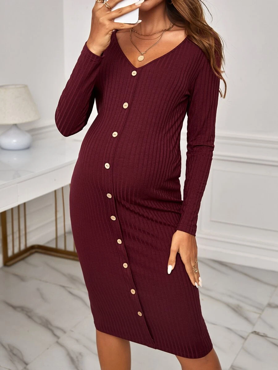 SHEIN Maternity Button Front Ribbed Knit Bodycon Dress - Maroon - View 1