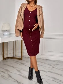 SHEIN Maternity Button Front Ribbed Knit Bodycon Dress - Maroon - View 2