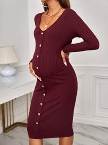 SHEIN Maternity Button Front Ribbed Knit Bodycon Dress - Maroon - View 4