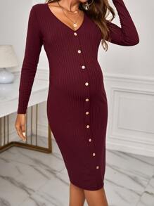 SHEIN Maternity Button Front Ribbed Knit Bodycon Dress - Maroon - View 5