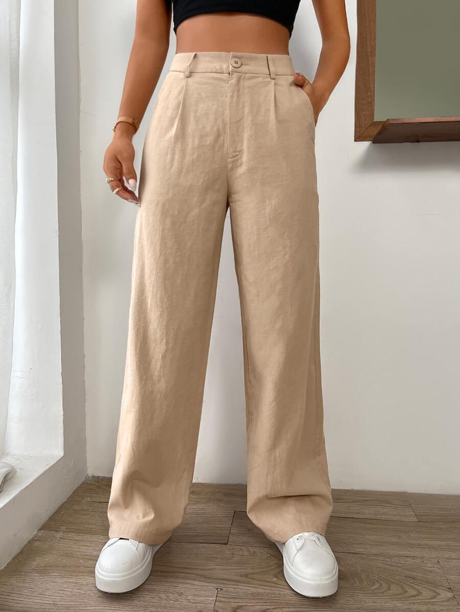 SHEIN EZwear Quần nữ Nút Túi Dây kéo màu trơn Giải trí - Màu Khaki - Xem 1