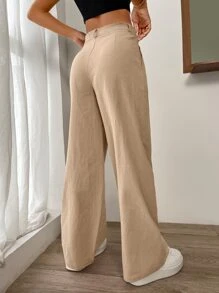 SHEIN EZwear Quần nữ Nút Túi Dây kéo màu trơn Giải trí - Màu Khaki - Xem 2