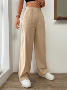 SHEIN EZwear Quần nữ Nút Túi Dây kéo màu trơn Giải trí - Màu Khaki - Xem 3
